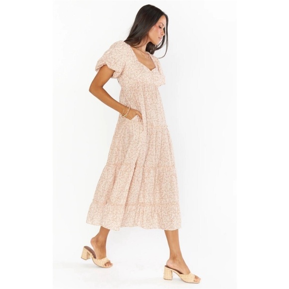 NWT Show Me Your Mumu Odette Midi Dress Ditsy Daisy Beige Linen Blend size XL - Picture 2 of 16